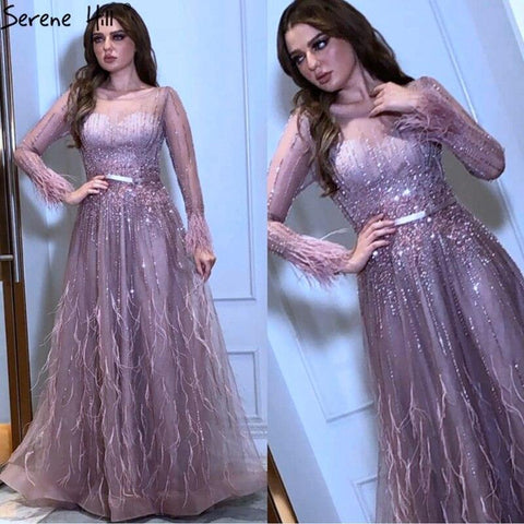 Serene Hill Pink  A-Line Dubai Design Feathers Long Sleeves Luxury Beaded Evening Dresses Gowns For Women Party 2023 LA60836