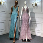 Serene Hill - Vestido de noche rosa de corte sirena con abertura alta, espalda descubierta, lujoso, con cuentas y plumas, para mujer, fiesta, LA71583 