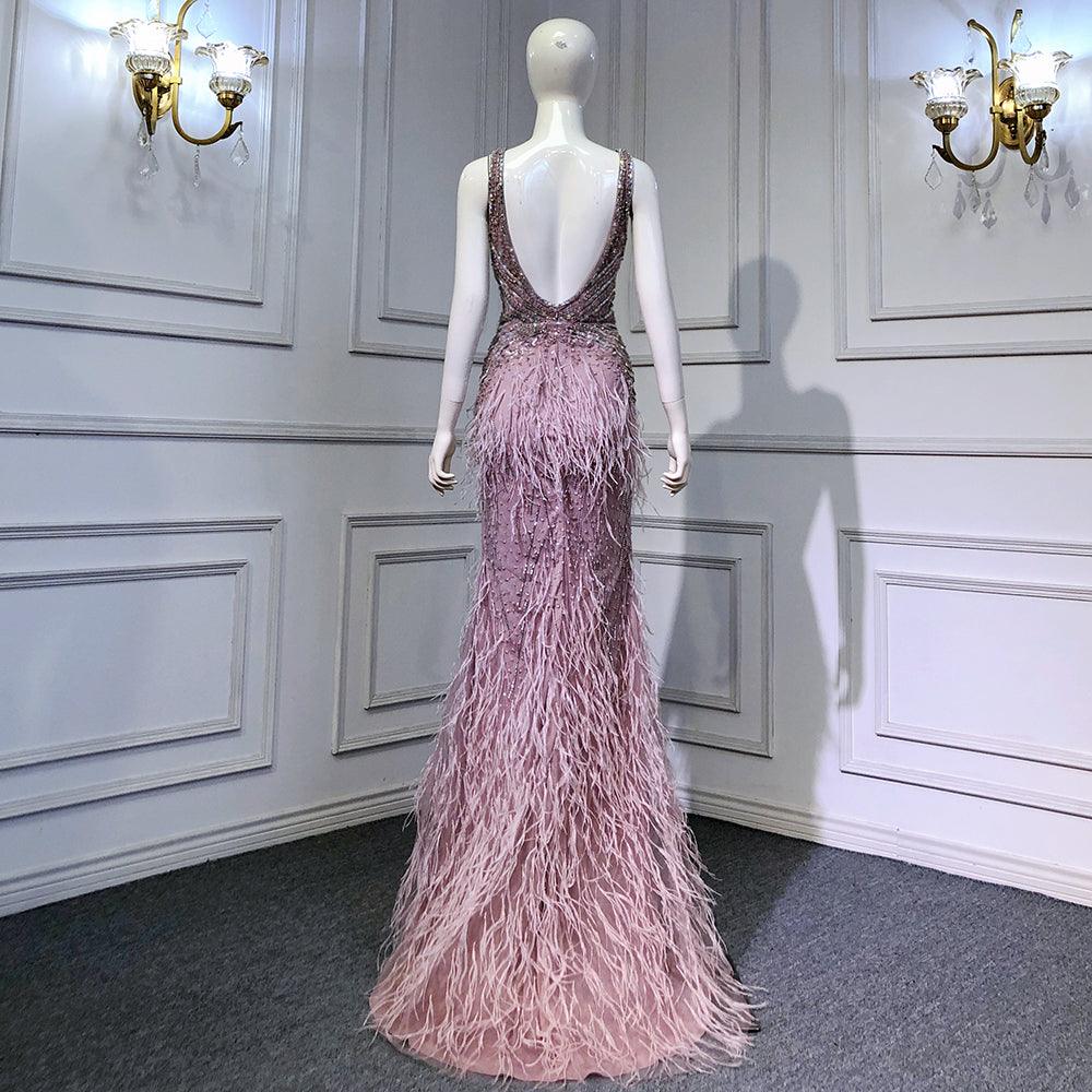 Serene Hill - Vestido de noche rosa de corte sirena con abertura alta, espalda descubierta, lujoso, con cuentas y plumas, para mujer, fiesta, LA71583 