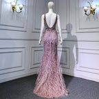 Serene Hill - Vestido de noche rosa de corte sirena con abertura alta, espalda descubierta, lujoso, con cuentas y plumas, para mujer, fiesta, LA71583 