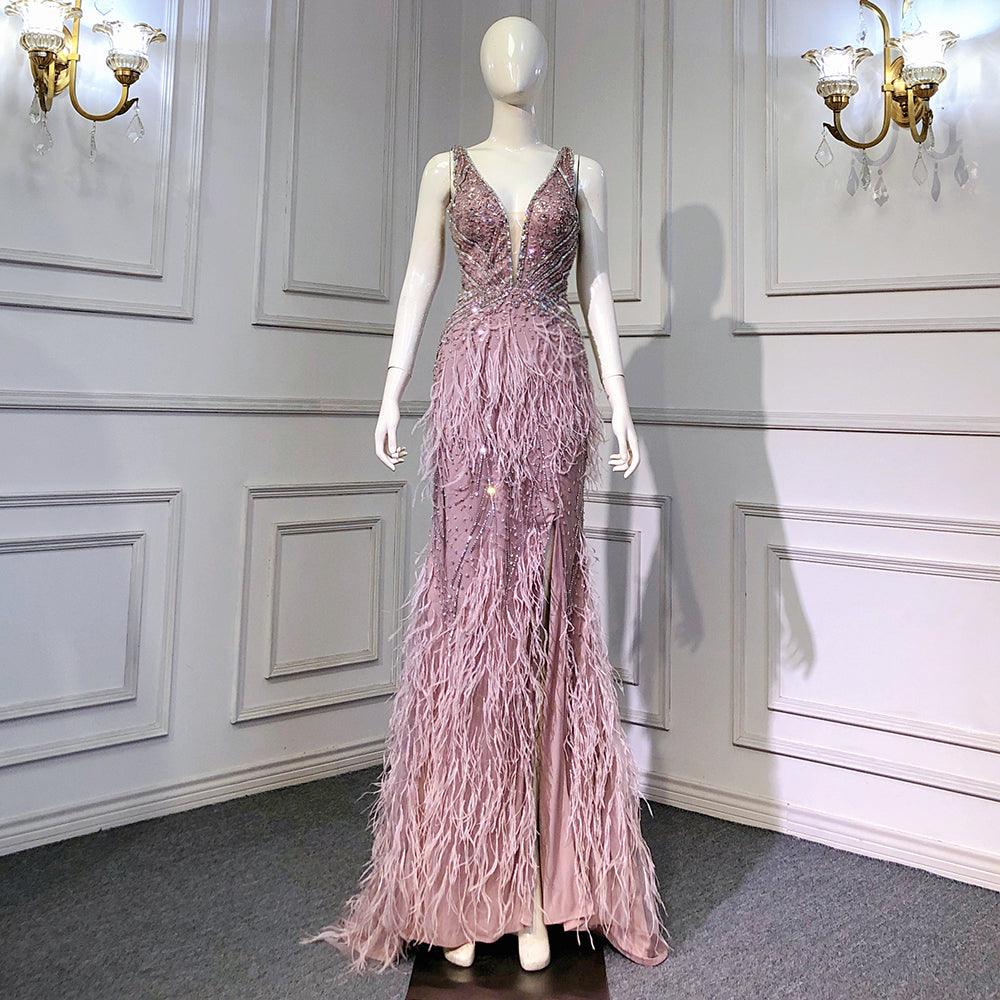 Serene Hill - Vestido de noche rosa de corte sirena con abertura alta, espalda descubierta, lujoso, con cuentas y plumas, para mujer, fiesta, LA71583 