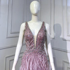 Serene Hill - Vestido de noche rosa de corte sirena con abertura alta, espalda descubierta, lujoso, con cuentas y plumas, para mujer, fiesta, LA71583 