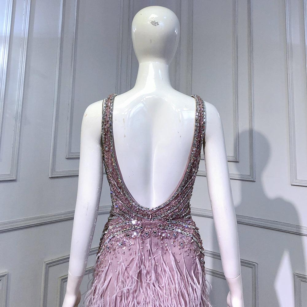 Serene Hill - Vestido de noche rosa de corte sirena con abertura alta, espalda descubierta, lujoso, con cuentas y plumas, para mujer, fiesta, LA71583 