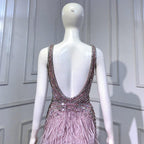 Serene Hill - Vestido de noche rosa de corte sirena con abertura alta, espalda descubierta, lujoso, con cuentas y plumas, para mujer, fiesta, LA71583 