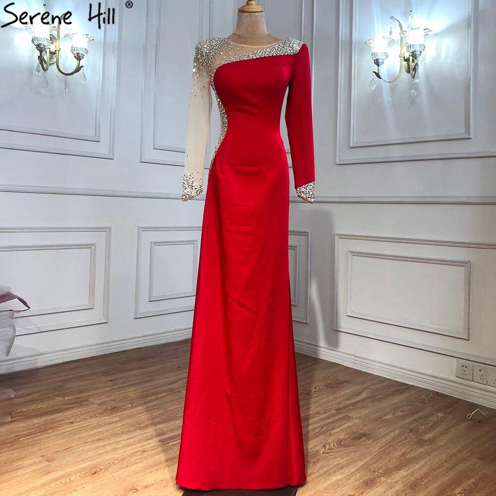 Ruhigen Hill Red Satin Meerjungfrau Abendkleider Kleider 2024 Elegante Perlen Sexy Für Frauen Hochzeit Party LA71152 