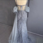 Serene Hill Sexy Gray Beaded  Party High Split  Spaghetti Straps Mermaid Balloon Sleeves Evening Dresses Gowns 2024 LA71571A