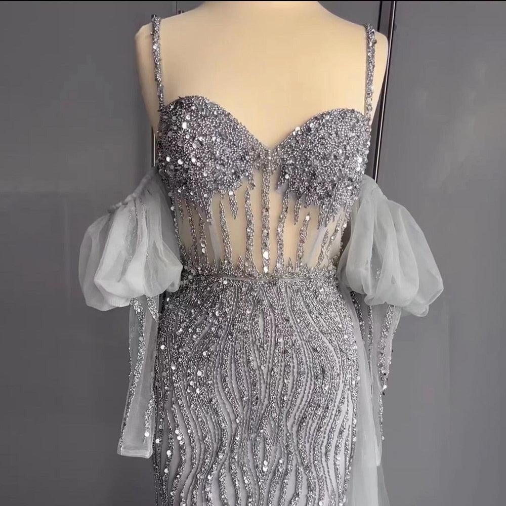 Serene Hill Sexy Gray Beaded  Party High Split  Spaghetti Straps Mermaid Balloon Sleeves Evening Dresses Gowns 2024 LA71571A