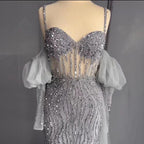 Serene Hill Sexy Gray Beaded  Party High Split  Spaghetti Straps Mermaid Balloon Sleeves Evening Dresses Gowns 2024 LA71571A