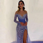 Serene Hill Sexy V Neck Blue Mermaid High Split Elegant With Skirt Lace Beaded Evening Dresses Gowns For Women Party 2024 LA71809