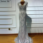 Serene Hill Silver Beading Tassel Luxury Evening Dresses Gowns Cap Sleeves Mermaid Elegant For Women Party LA60830