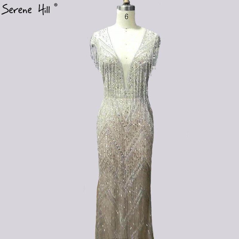 Serene Hill Silver Beading Tassel Luxury Evening Dresses Gowns Cap Sleeves Mermaid Elegant For Women Party LA60830