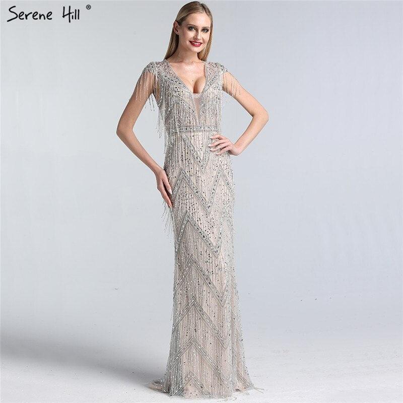 Serene Hill Silver Beading Tassel Luxury Evening Dresses Gowns Cap Sleeves Mermaid Elegant For Women Party LA60830