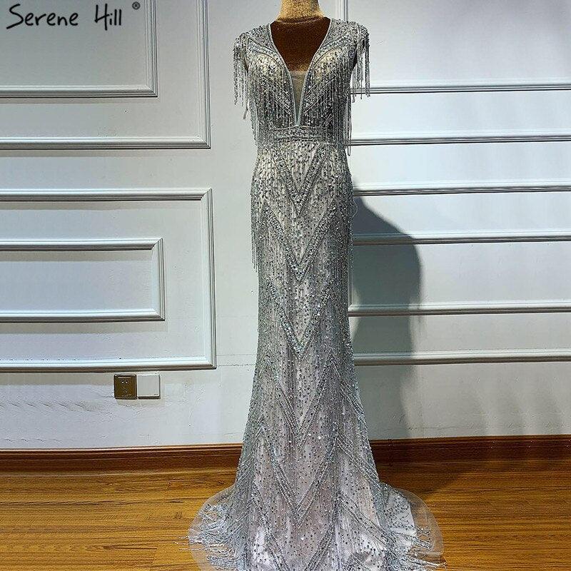 Serene Hill Silver Beading Tassel Luxury Evening Dresses Gowns Cap Sleeves Mermaid Elegant For Women Party LA60830