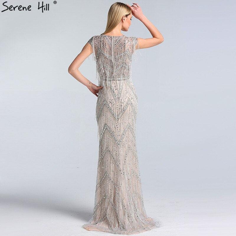 Serene Hill Silver Beading Tassel Luxury Evening Dresses Gowns Cap Sleeves Mermaid Elegant For Women Party LA60830
