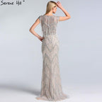 Serene Hill Silver Beading Tassel Luxury Evening Dresses Gowns Cap Sleeves Mermaid Elegant For Women Party LA60830