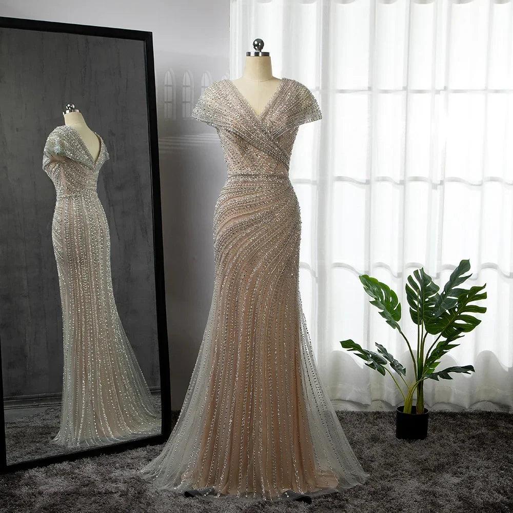 Serene Hill Silber Meerjungfrau Elegante Abendkleider Kleider Perlen Luxus Sparkle 2024 Für Frauen Party LA71686 