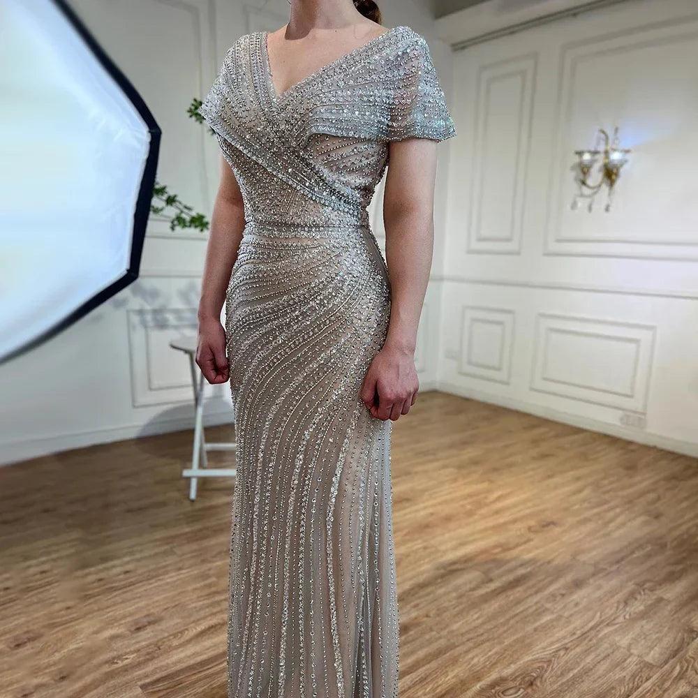 Serene Hill Silber Meerjungfrau Elegante Abendkleider Kleider Perlen Luxus Sparkle 2024 Für Frauen Party LA71686 