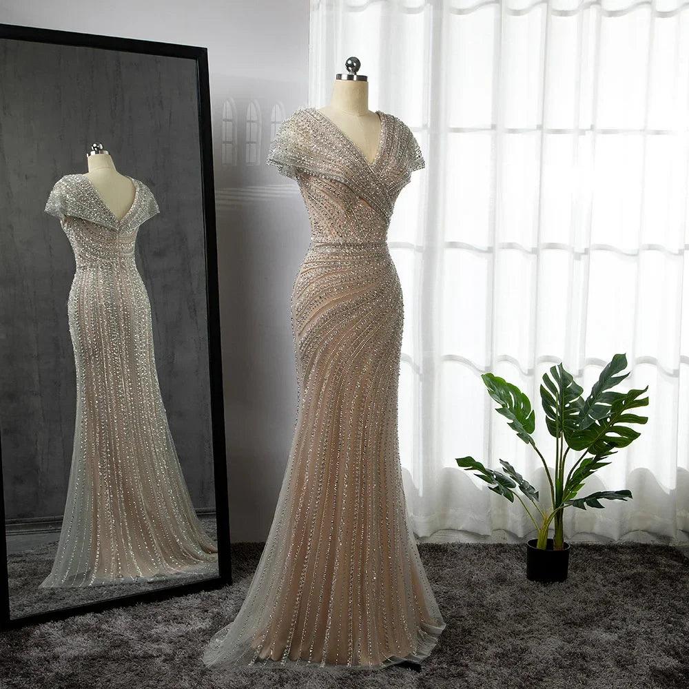 Serene Hill Silber Meerjungfrau Elegante Abendkleider Kleider Perlen Luxus Sparkle 2024 Für Frauen Party LA71686 