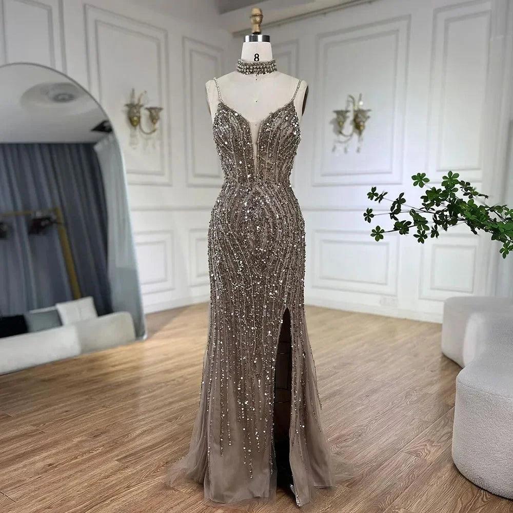 Serene Hill Silver Nude Mermaid Spaghetti with split Strap Beaded Evening Dresses Prom Gowns For Woman Party 2024 LA72047B