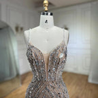 Serene Hill Silver Nude Mermaid Spaghetti with split Strap Beaded Evening Dresses Prom Gowns For Woman Party 2024 LA72047B