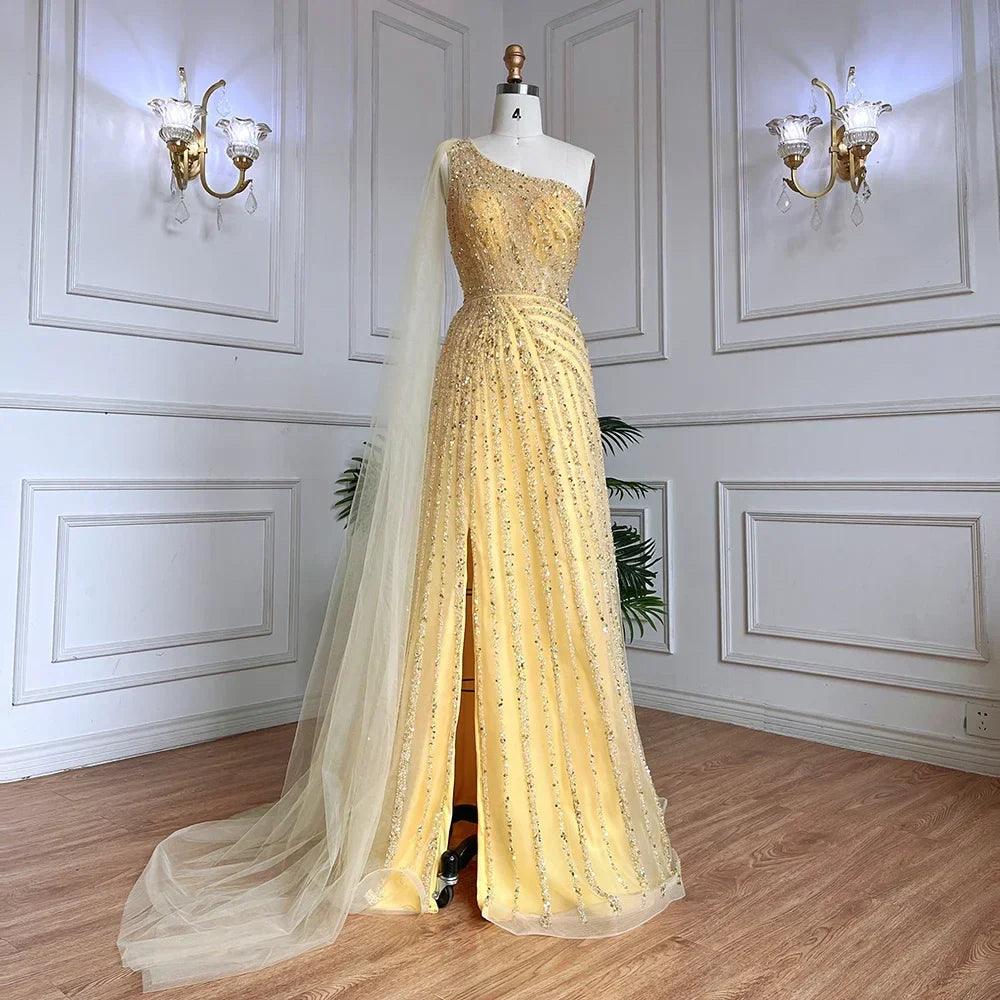 Serene Hill - Vestido de noche amarillo de un solo hombro, manga larga, con cuentas, para ocasiones formales, para mujer, fiesta, LA71671 