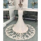 Vestido de Novia Sexy con Escote en V Pronunciado sin Espalda de Sirena/Trompeta para Mujer Vestido de Novia con Manga Casquillo Vestido Blanco Sirena