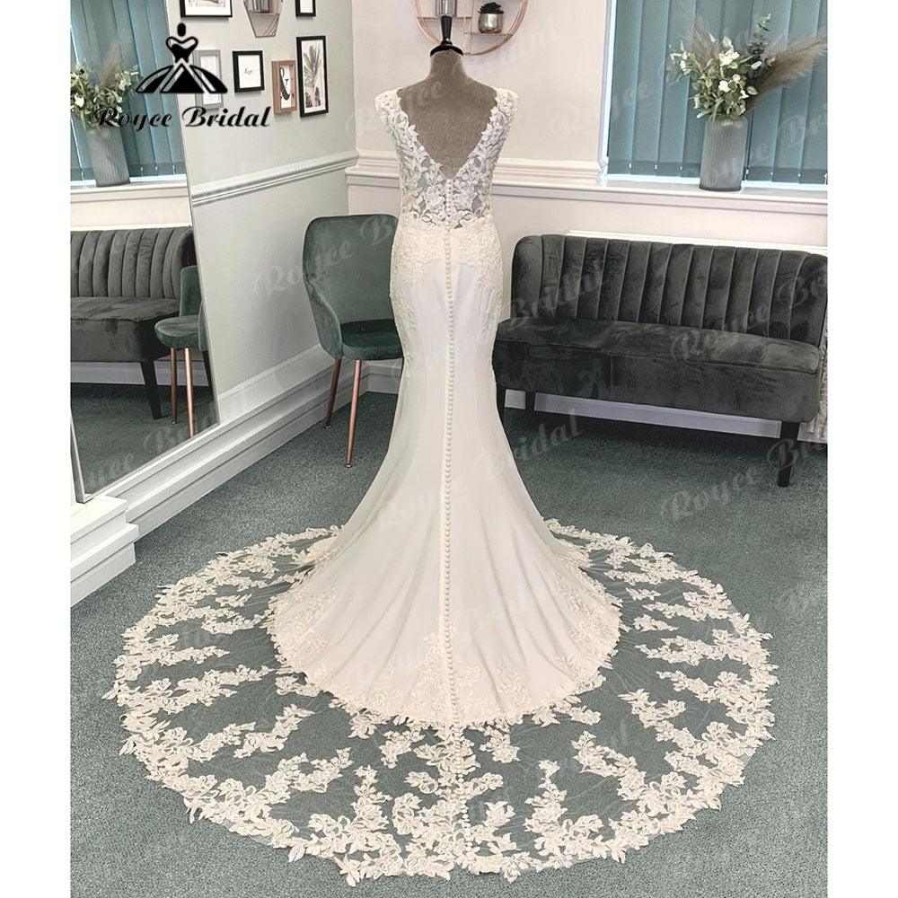 Vestido de Novia Sexy con Escote en V Pronunciado sin Espalda de Sirena/Trompeta para Mujer Vestido de Novia con Manga Casquillo Vestido Blanco Sirena