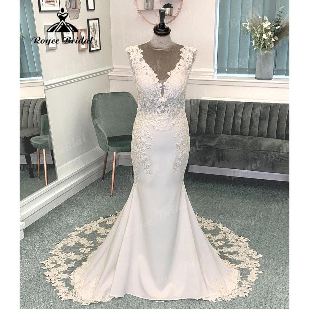Vestido de Novia Sexy con Escote en V Pronunciado sin Espalda de Sirena/Trompeta para Mujer Vestido de Novia con Manga Casquillo Vestido Blanco Sirena