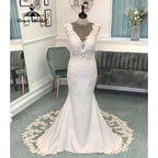 Vestido de Novia Sexy con Escote en V Pronunciado sin Espalda de Sirena/Trompeta para Mujer Vestido de Novia con Manga Casquillo Vestido Blanco Sirena