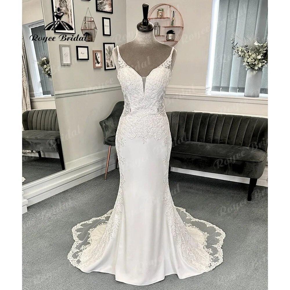Vestido de novia de sirena bohemio sexy de encaje con cuello en V de crepé, tirantes finos, vestidos de recepción para la novia, vestido de noche
