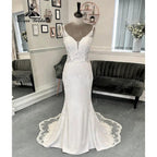 Vestido de novia de sirena bohemio sexy de encaje con cuello en V de crepé, tirantes finos, vestidos de recepción para la novia, vestido de noche