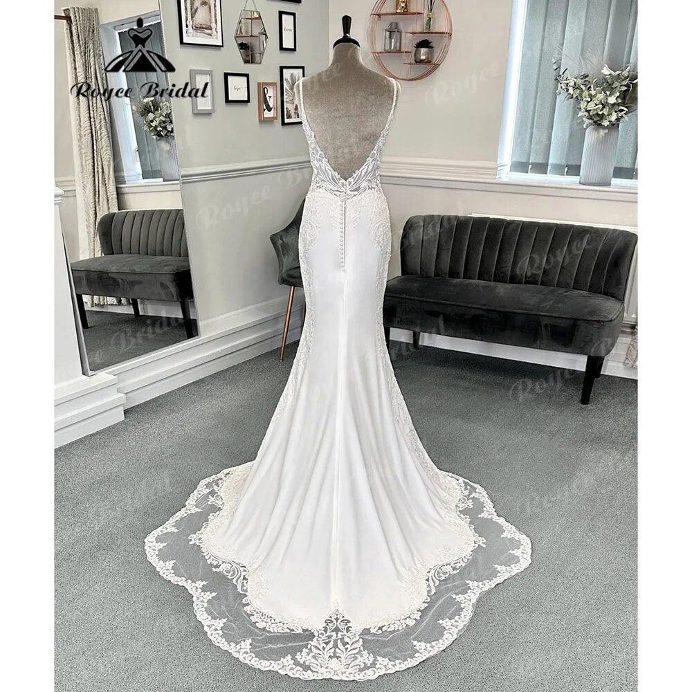 Vestido de novia de sirena bohemio sexy de encaje con cuello en V de crepé, tirantes finos, vestidos de recepción para la novia, vestido de noche