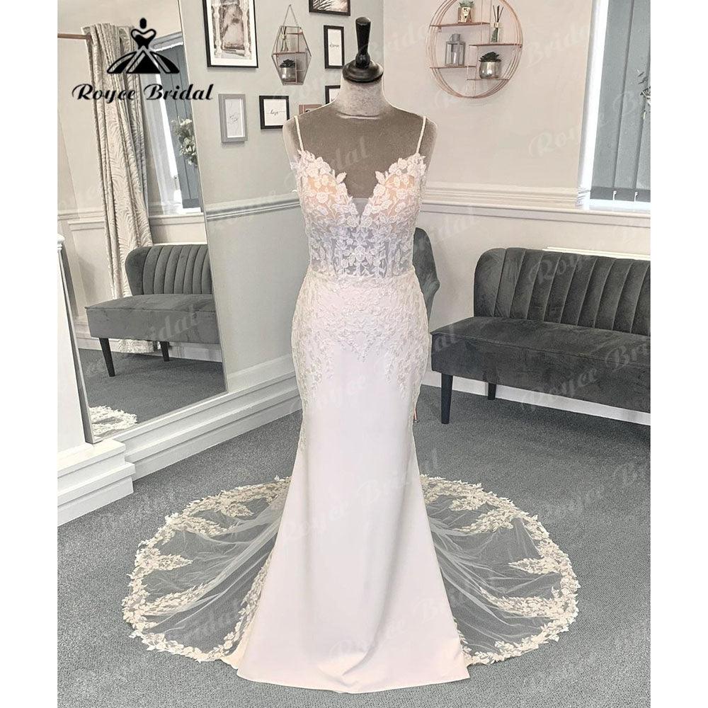 Vestido de novia de sirena sin espalda con apliques de encaje bohemio sexy para novia, vestido de novia de tirantes finos para mujer, vestido de novia sirena