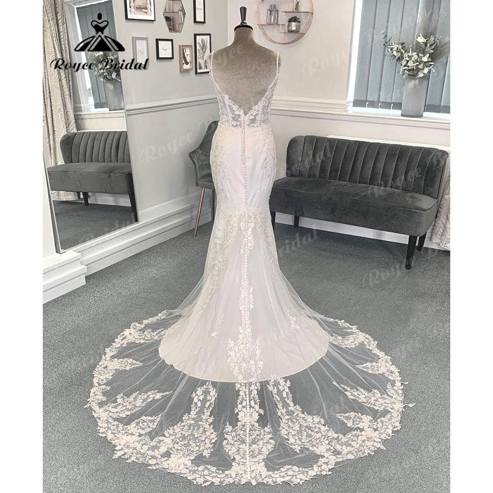 Vestido de novia de sirena sin espalda con apliques de encaje bohemio sexy para novia, vestido de novia de tirantes finos para mujer, vestido de novia sirena