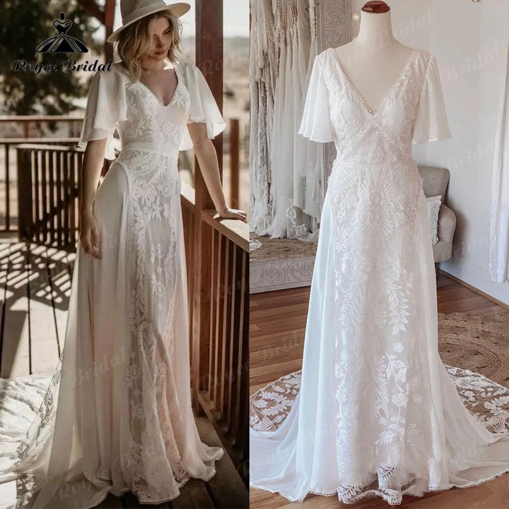 Vestido de Novia Sexy Bohemio con Escote en V, Mangas Cortas de Encaje, Gasa, Estilo Bohemio para Playa, Vestidos de Novia de Espalda Descubierta