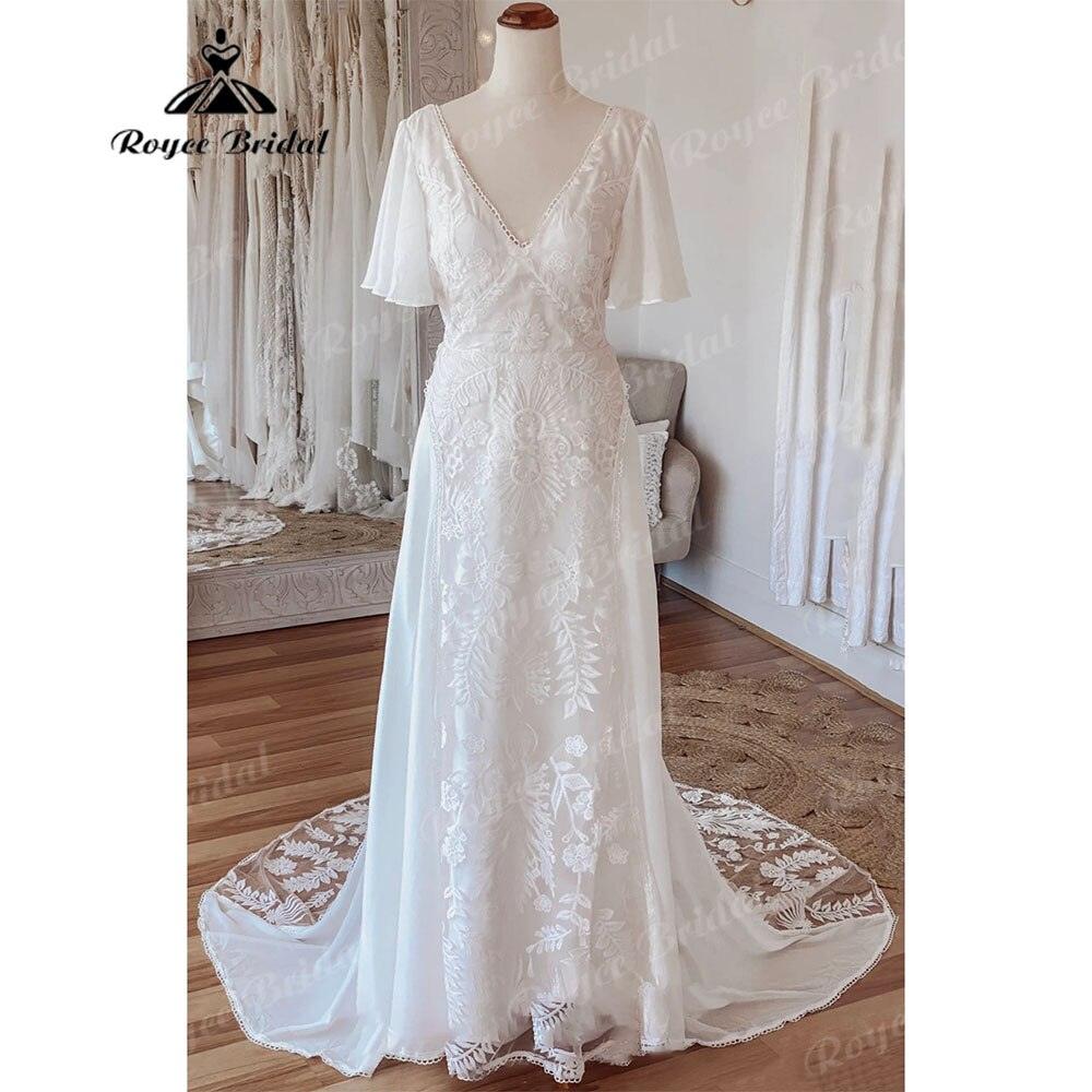 Vestido de Novia Sexy Bohemio con Escote en V, Mangas Cortas de Encaje, Gasa, Estilo Bohemio para Playa, Vestidos de Novia de Espalda Descubierta