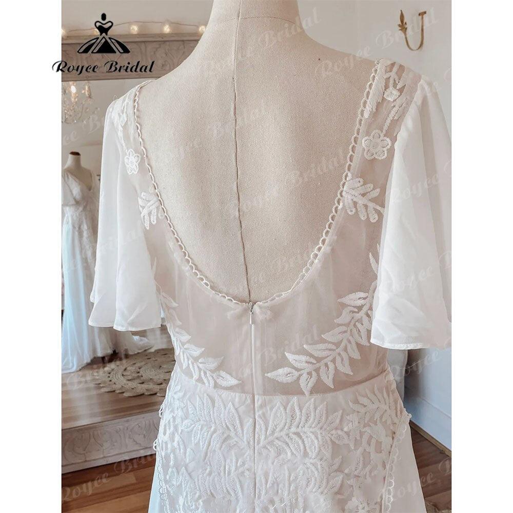 Vestido de Novia Sexy Bohemio con Escote en V, Mangas Cortas de Encaje, Gasa, Estilo Bohemio para Playa, Vestidos de Novia de Espalda Descubierta