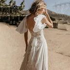 Vestido de Novia Sexy Bohemio con Escote en V, Mangas Cortas de Encaje, Gasa, Estilo Bohemio para Playa, Vestidos de Novia de Espalda Descubierta
