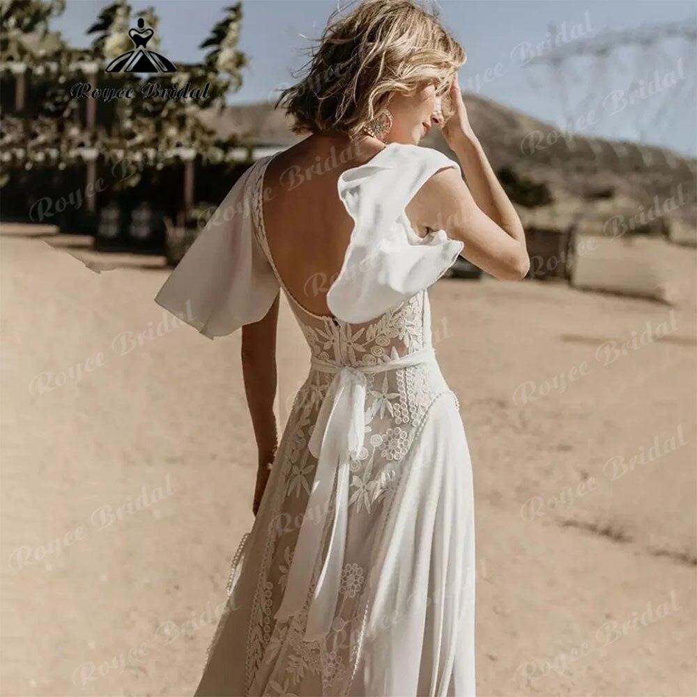 Vestido de Novia Sexy Bohemio con Escote en V, Mangas Cortas de Encaje, Gasa, Estilo Bohemio para Playa, Vestidos de Novia de Espalda Descubierta