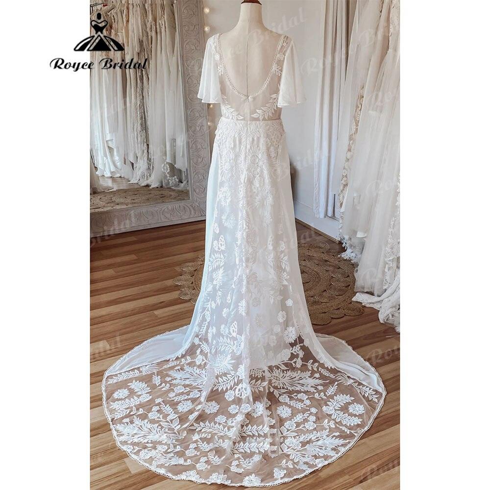 Vestido de Novia Sexy Bohemio con Escote en V, Mangas Cortas de Encaje, Gasa, Estilo Bohemio para Playa, Vestidos de Novia de Espalda Descubierta