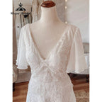 Vestido de Novia Sexy Bohemio con Escote en V, Mangas Cortas de Encaje, Gasa, Estilo Bohemio para Playa, Vestidos de Novia de Espalda Descubierta