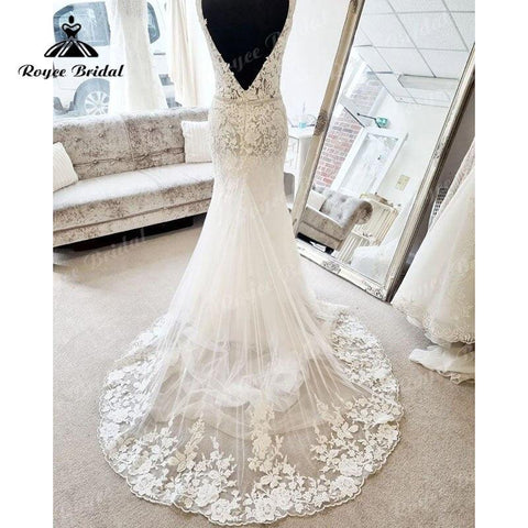 NumberSea Sexy Deep V Neck Lace Appliques Backless Mermaid/Trumpet Wedding Dress Sweep Train 2025 Robe Civil Wedding Gowns Vestidos Longos