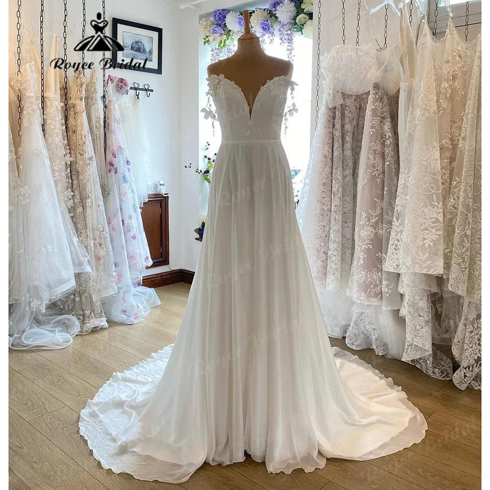Sexy encaje gasa playa cuello en V hombros descubiertos vestido de novia para mujer, traje de boda bohemio, vestido de noche de boda