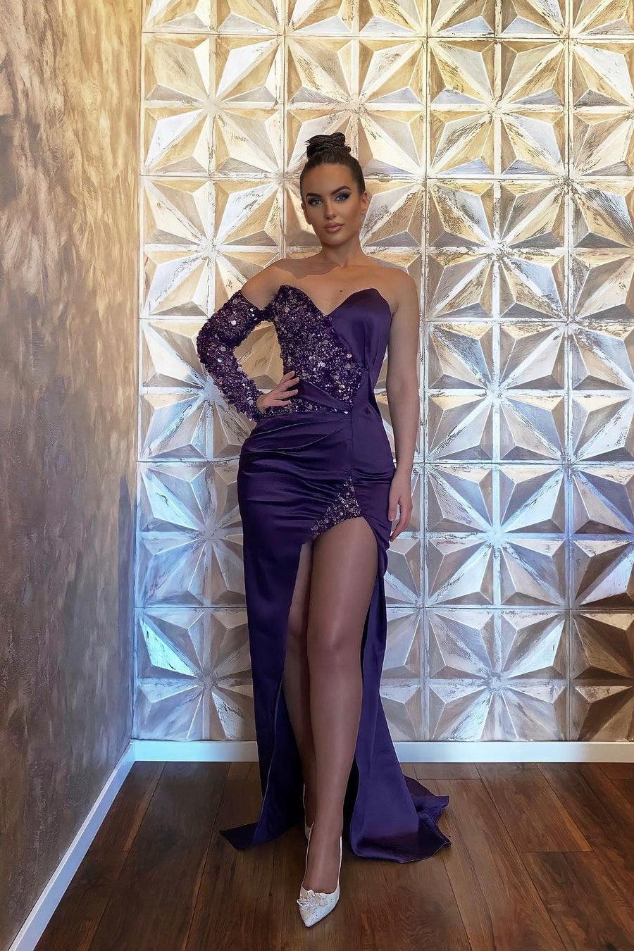 Vestido de fiesta sexy de sirena con lentejuelas y manga larga con abertura