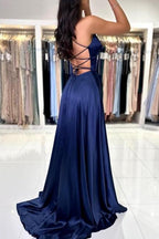Vestidos de fiesta sexys, largos y sencillos, con tirantes finos en azul marino y abertura