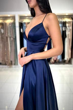 Vestidos de fiesta sexys, largos y sencillos, con tirantes finos en azul marino y abertura