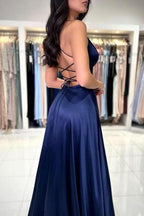 Vestidos de fiesta sexys, largos y sencillos, con tirantes finos en azul marino y abertura