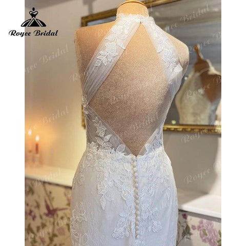 NumberSea Sexy Mermaid Halter Wedding Dress Open Back Lace Appliqued Tulle Trumpet Bridal Gowns Wedding Gowns vestido de boda corte sirena