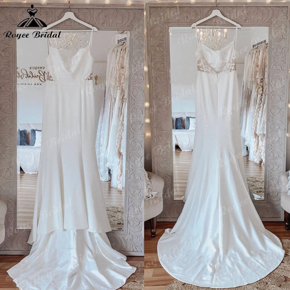 Sexy Meerjungfrau Spitze rückenfrei weiches Satin Damen Hochzeitskleid Spaghettiträger Brautkleider robe soirée mariage