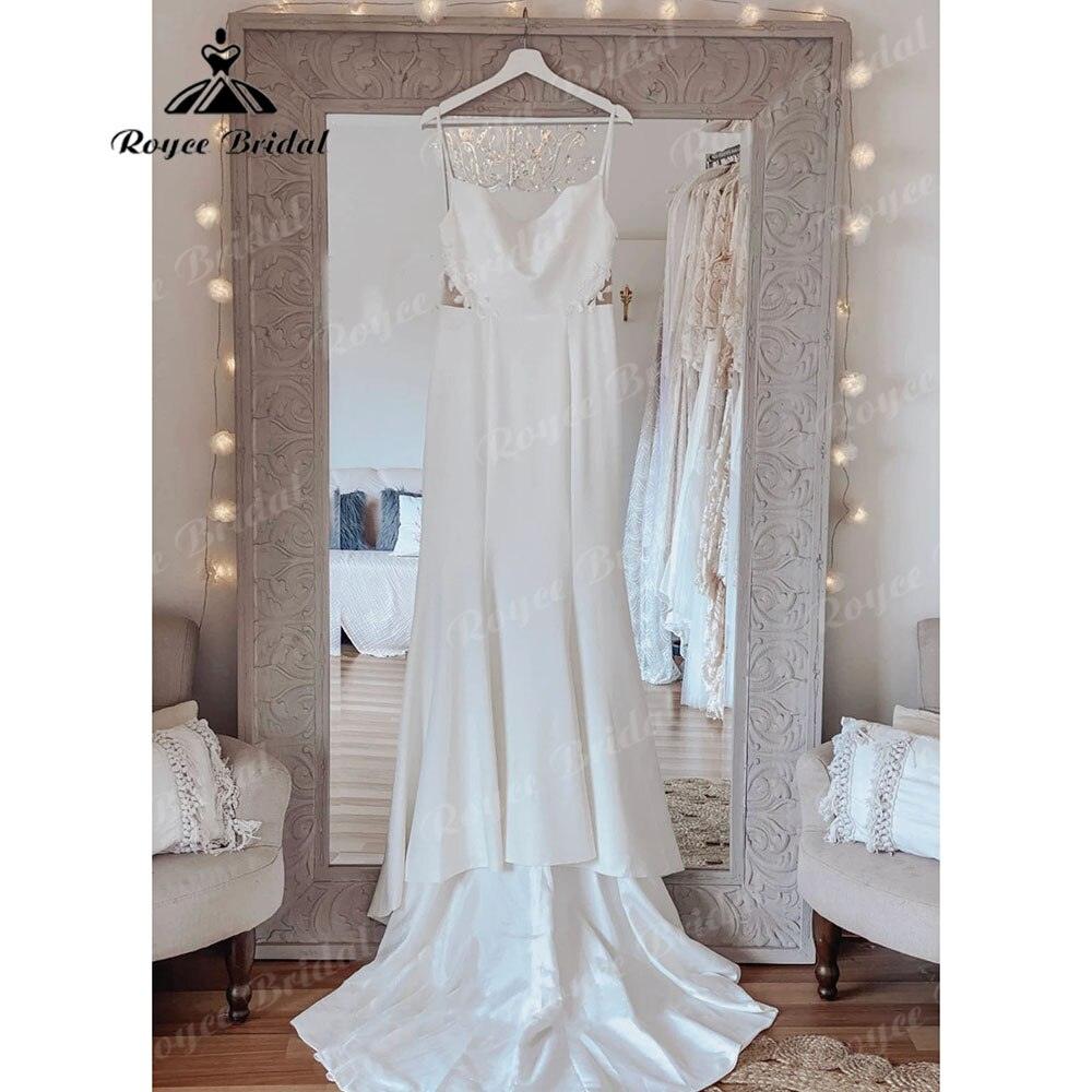 Sexy Meerjungfrau Spitze rückenfrei weiches Satin Damen Hochzeitskleid Spaghettiträger Brautkleider robe soirée mariage
